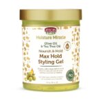 ژل استایل مغذی موی فر افریکن پراید مدل روغن زیتون و درخت چای حجم 510 گرم African Pride MOISTURE MIRACLE OLIVE OIL & TEA TREE OIL MAX HOLD STYLING GEL